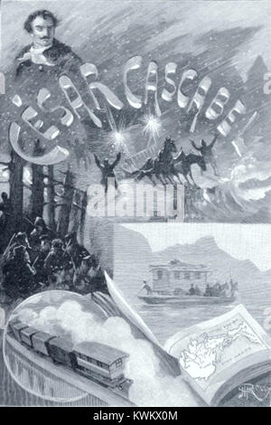 Un'illustrazione di Georges Roux per il romanzo César Cascabel di Jules Verne, raffigurante scene di avventura e viaggi del XIX secolo, caratteristiche dell'immaginazione letteraria di Verne. Foto Stock