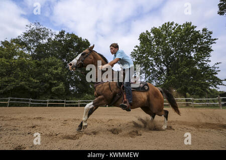 Illinois City, Iowa, USA. 3° Ott, 2017. Rockridge studente di scuola superiore Nick Berenger, 16, le pratiche in esecuzione di barili con il suo 14-anno-vecchio cavallo, Scooter, a forte tuono Forest Preserve in Illinois City il Martedì, 3 ottobre 2017. Il Hayburners 4-H Club ospiterà la terza marcia annuale per fame Horse Show beneficiando l'ansa del fiume Foodbank Sabato seguita dall'Illinois City Club Sella che ospiterà il Wade Maynard Memorial Show la Domenica. Credito: Andy Abeyta, Quad-City volte/Quad-City volte/ZUMA filo/Alamy Live News Foto Stock