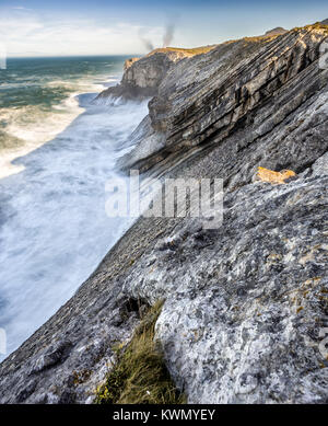 Scogliera sul mare con geyser sullo sfondo Foto Stock