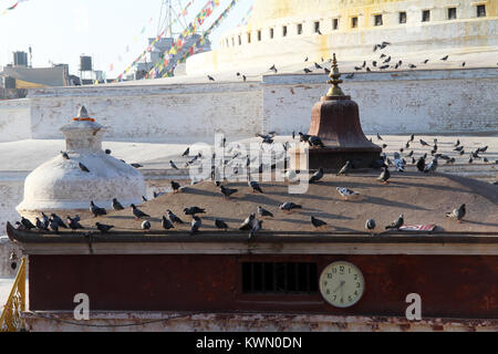 Guarda sul tempio vicino stupa Bodnath a Kathmandu in Nepal Foto Stock