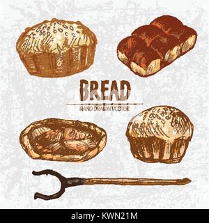 Digital color vector linea dettagliata arte torta dorata con sesamo, cena rotolo, khachapuri e forno forcella disegnati a mano insieme retrò. Profilo sottile. Inchiostro Vintage f Illustrazione Vettoriale