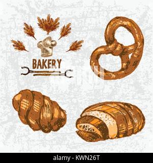 Digital color vector linea dettagliata arte golden pagnotta di pane, roll, pretzel, forno forche il grano e lo chef hat disegnati a mano illustrazione set. Vintage fla di inchiostro Illustrazione Vettoriale