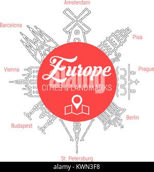 Celebri punti di riferimento europeo. Vettore di linea icona impostare Illustrazione Vettoriale