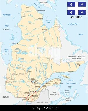 Provincia di Quebec road mappa vettoriale con bandiera Illustrazione Vettoriale