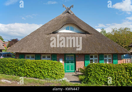 Tipica con tetto di paglia casa di Wustrow, Fishland, Meclemburgo-Pomerania, Mar Baltico, Germania, Europa Foto Stock