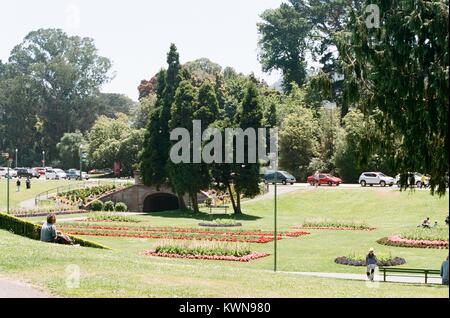 I visitatori a piedi e sedersi sul prato e giardini formali di fronte al Conservatorio di fiori, un epoca vittoriana serra e al conservatorio di fiori in Golden Gate Park di San Francisco, California, 11 luglio, 2017. Foto Stock