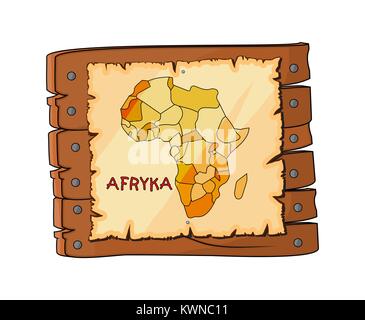 Africa mappa sul cartello in legno, piastra cartoon isolati su sfondo bianco Illustrazione Vettoriale