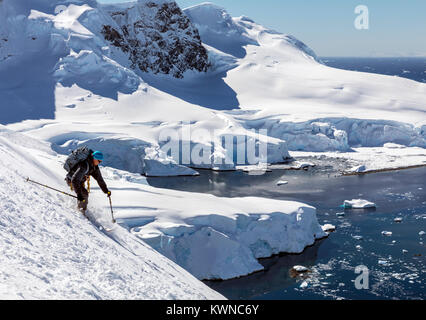 Sci alpino Sci alpinista in discesa in Antartide; Nansen Isola Foto Stock