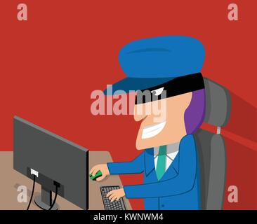 Hacker è felice mentre l'hacking da computer desktop, vettore cartoon Illustrazione Vettoriale