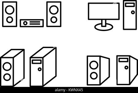 Set di icona, altoparlante, il monitor e il computer caso in stile lineare Illustrazione Vettoriale