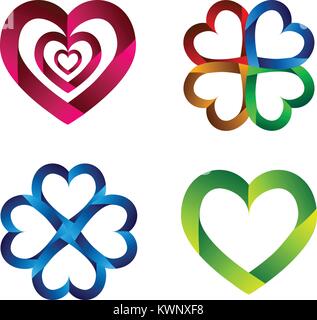 Set di icona a forma di cuore in stile ribbon, disegno vettoriale Illustrazione Vettoriale