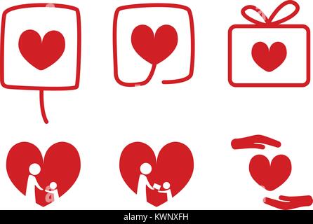 Set di icone di donazione di amore con il concetto di design del vettore Illustrazione Vettoriale
