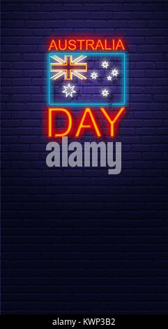 L'Australia Day. Insegna al neon su un muro di mattoni. Australian National Holiday. Bandiera e testo. Banner verticale modello. Illustrazione Vettoriale