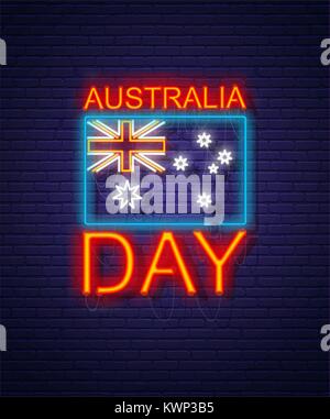 L'Australia Day. Insegna al neon su un muro di mattoni. Australian National Holiday. Bandiera e testo Illustrazione Vettoriale