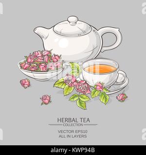 Illustrazione con la tazza di tè, teiera e rose su sfondo grigio Illustrazione Vettoriale