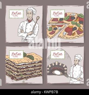 Set di quattro piatti di cucina italiana colore etichette con cook, baker, pizza e lasagne sketch. Illustrazione Vettoriale