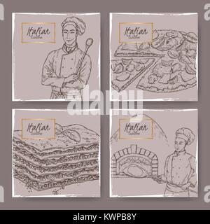 Set di quattro piatti di cucina italiana etichette vintage con cook, baker, pizza e lasagne sketch. Illustrazione Vettoriale