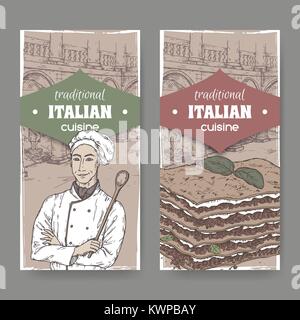 Due etichette vintahe con cook, Ilalian patio e lasagne. Illustrazione Vettoriale