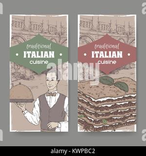 Due etichette vintage con cameriere, Ilalian nenti la partecipazione e lasagne. Illustrazione Vettoriale