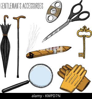Gentleman accessori. hipster o imprenditore, età vittoriana incisi disegnati a mano nel vecchio schizzo vintage. forbici e ombrellone, bastone sigaro e magnifier, guanti e chiave. Illustrazione Vettoriale