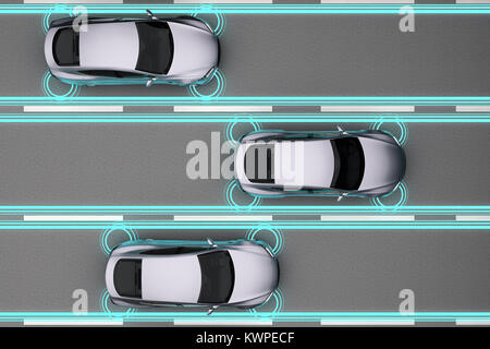 Traffico auto pilota automatico con sensori di distanza nel flusso vista dall'alto. Il rendering 3D Foto Stock