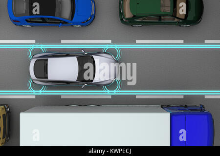 Auto con sensori di distanza nel flusso vista dall'alto. Il rendering 3D Foto Stock