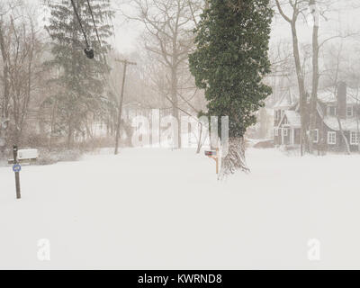 Chappaqua, NY, STATI UNITI D'AMERICA. 4 gennaio, 2018. "Né neve Né pioggia né calore né il buio della notte soggiorni questi corrieri dal rapido completamento dei loro nominati round", sebbene set in granito sopra l'ingresso a New York City il principale ufficio postale, è proprio il motto non ufficiale del Servizio Postale degli Stati Uniti, per loro storico. Neve sospesa la consegna della posta in alcuni sobborghi di NYC oggi. Citazione dal persiano guerre da Erodoto si riferisce ai Persiani' montato corrieri postali che hanno consegnato la posta durante la guerra con la Grecia nel 500-449 A.C. Credito: 2018 Marianne Campolongo/Alamy Live News Foto Stock