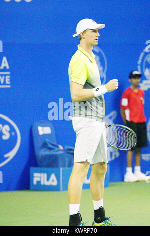 Pune, India. 4 gennaio, 2018. Kevin Anderson del Sud Africa in azione in un quarto di partita finale delle singole concorrenza a Tata aprire Maharashtra al Mahalunge Balewadi Tennis Stadium di Pune, India. Credito: Karunesh Jöhri/Alamy Live News Foto Stock