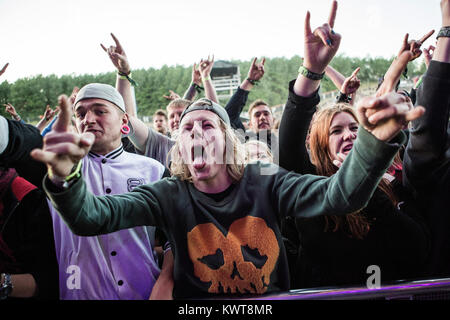 Entusiastico heavy metal tifosi go crazy a Copenhell heavy metal festival a Copenhagen. Qui essi headbang e mostrare la "Devil's sign" in un concerto con la American band deathcare suicidio silenzio. Danimarca 13/06 2014. Foto Stock