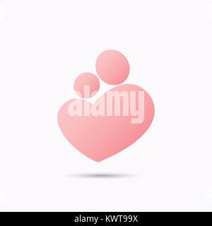 Semplificate il simbolo rosa di madre tenendo un bambino in forma di cuore con teste, in stick figura style Illustrazione Vettoriale