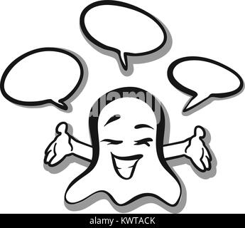 Happy ghost parlando con bolle. disegnati a mano. Faccia emozionale serie. Illustrazione Vettoriale