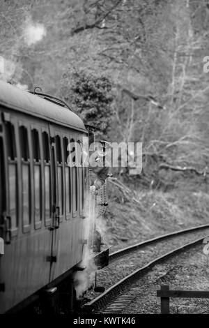 Ritratto, Black & White shot del driver del motore di inclinazione cabina fuori del Regno Unito treno a vapore guardando i suoi passeggeri a bordo dell'annata carrozza ferroviaria dietro. Foto Stock