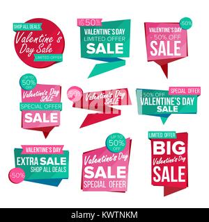 Giorno di San Valentino la vendita Banner vettore Set. Febbraio 14 Vendita Voucher Banner. Sito web adesivi, amore Pagina Web Design. Fino a 50 percento di sconto Valentine badge. Illustrazione isolato Illustrazione Vettoriale