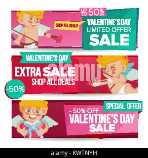 Giorno di San Valentino la vendita Banner vettore. Febbraio 14 Cupido. Sconto Tag, amore speciale offerta Banner orizzontale. Valentino di sconto e promozione. Metà prezzo adesivi romantica. Illustrazione isolato Illustrazione Vettoriale