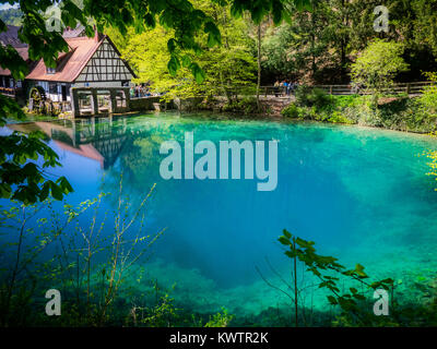 Vista sul ben 'Blautopf' a Blaubeuren, Germania Foto Stock