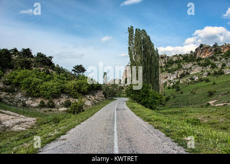 Strada asfaltata che conduce in un paesaggio verde sotto il cielo blu con sparse nubi bianche. Foto Stock