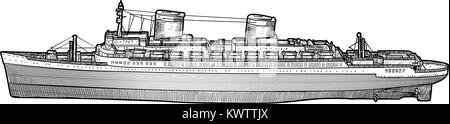 Grande nave illustrazione, disegno, incisione, inchiostro, line art, vettore Illustrazione Vettoriale