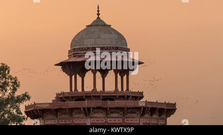 Una cupola del Taj Mahal complesso, circondato da uno stormo di uccelli contro il tramonto in Agra, Uttar Pradesh, India Foto Stock