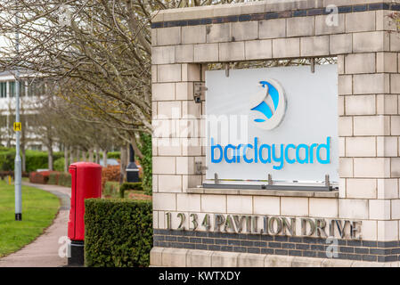 Northampton UK Dicembre 07, 2017: logo Barclaycard accedi Brackmills Industrial Estate. Foto Stock