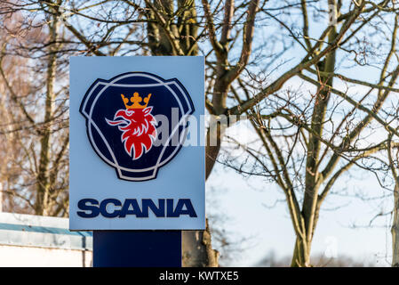 Northampton UK Dicembre 07, 2017: motori Scania logo accedi Brackmills Industrial Estate. Foto Stock