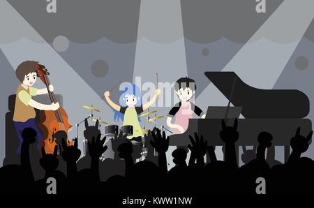 Banda di musicisti ,suonare la chitarra,bassista ,pianoforte,sassofono .jazz band.illustrazione vettoriale isolato su sfondo in stile cartoon Illustrazione Vettoriale
