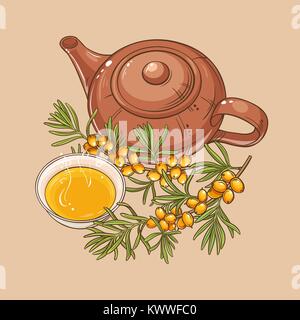 Bacche di olivello spinoso tè nella teiera e tazza di tè sul colore di sfondo Illustrazione Vettoriale
