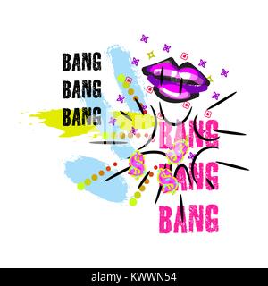 Tshirt pop art colori al neon lips splash vettore di design. Illustrazione Vettoriale