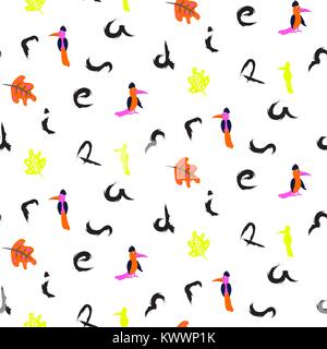 Lettere spazzolato e uccelli esotici seamless disegno vettoriale. Illustrazione Vettoriale