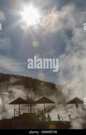 Pagosa Springs, Colorado - le Molle hot springs resort in inverno sulla riva del fiume San Juan. Foto Stock