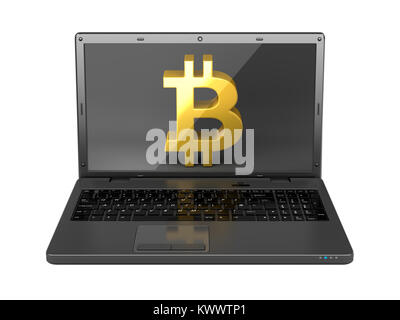 Simbolo Bitcoin in schermo portatile , questo è un rendering 3d generate computer immagine. Isolato su bianco. Foto Stock