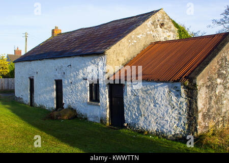 Un vecchio dipinto di bianco costruito in pietra Irish Cottage con un piccolo allegato dal tetto di bangor Blue tegole e ruggine corrugato fogli di stagno Foto Stock