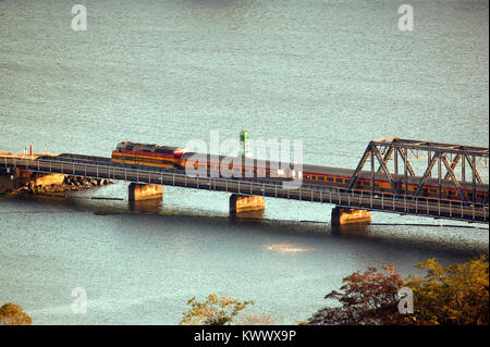 Treno attraversando il ponte al di sopra dell'uscita di Rio Chagres a Gamboa accanto al canale di Panama, Repubblica di Panama. Foto Stock