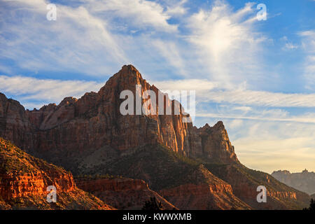 Il tardo pomeriggio di sole illumina la formazione nota come la sentinella nel Parco Nazionale di Zion, Utah, Stati Uniti d'America. Foto Stock