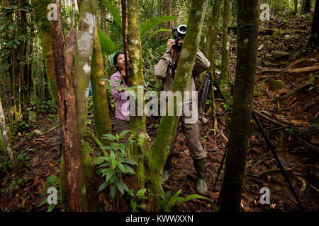 Natura fotografi al lavoro nella foresta pluviale vicino Burbayar lodge, Repubblica di Panama. Foto Stock